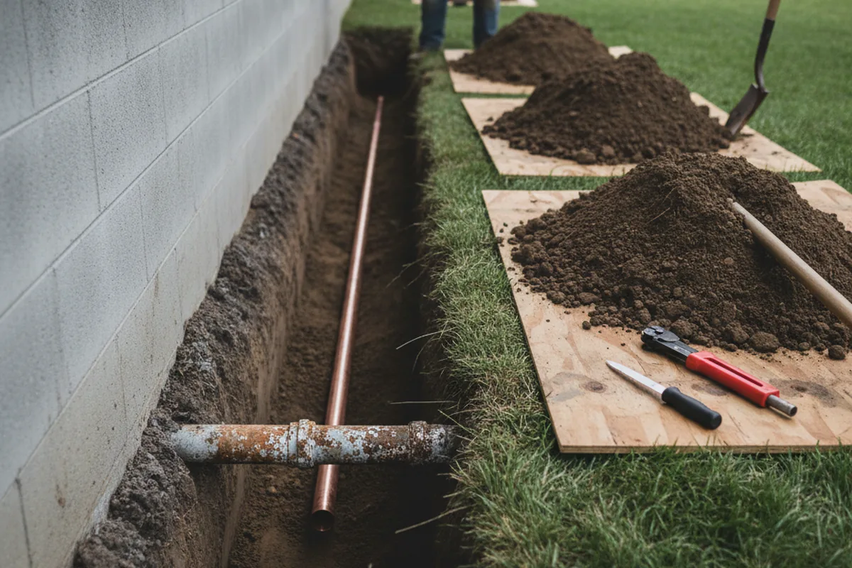 Excavated water line trench during Water Heater Repair in Camden
